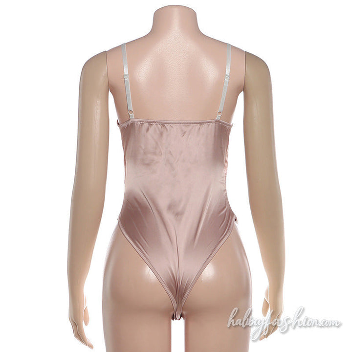 Bowknot lace hem v neck button cami bodysuit