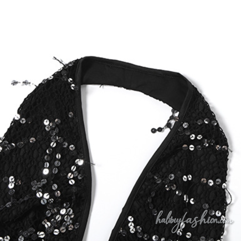Halter self tie glitter hollow out backless top