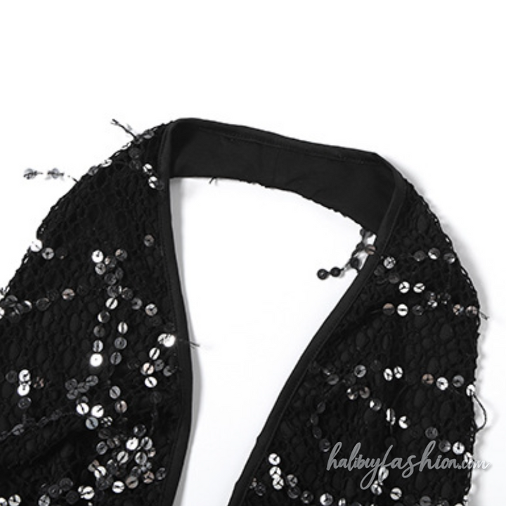 Halter self tie glitter hollow out backless top