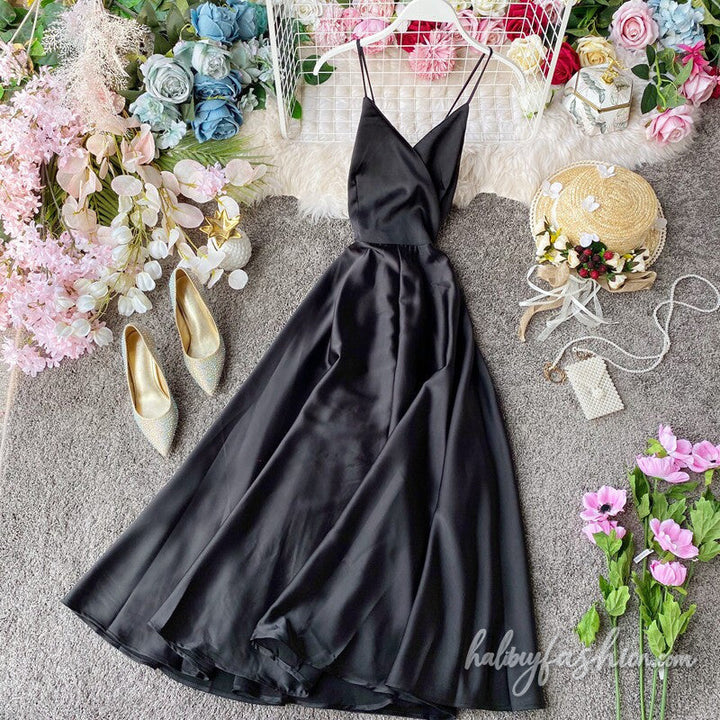 V neck satin cross back cami maxi dress