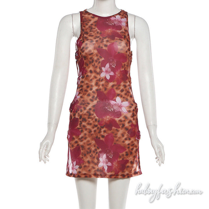 Leopard print crewneck o ring hollow out mini dress