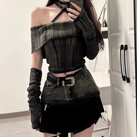 Off shoulder denim raw hem mini skirt set  | Festival Outfits Women
