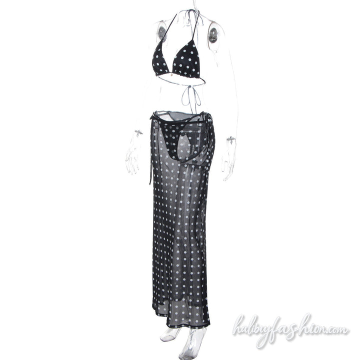 Polka dot halter self tie mesh maxi skirt set