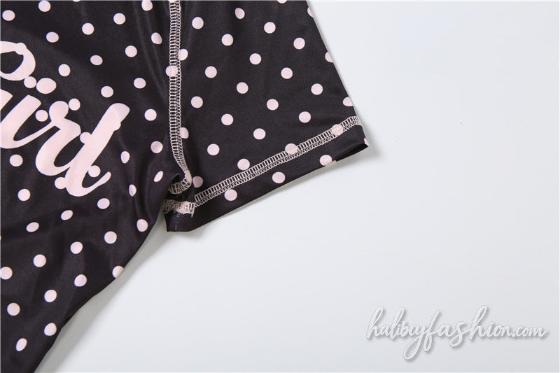 Short sleeve polka dot zip-up letter pattern stitch pant set