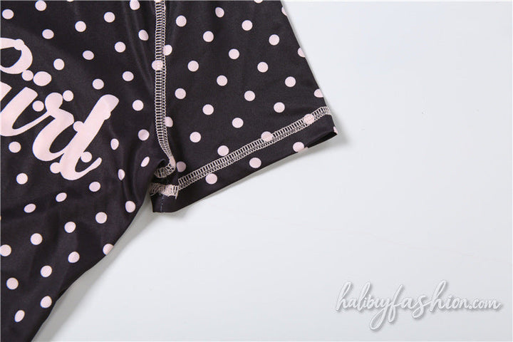 Short sleeve polka dot zip-up letter pattern stitch pant set