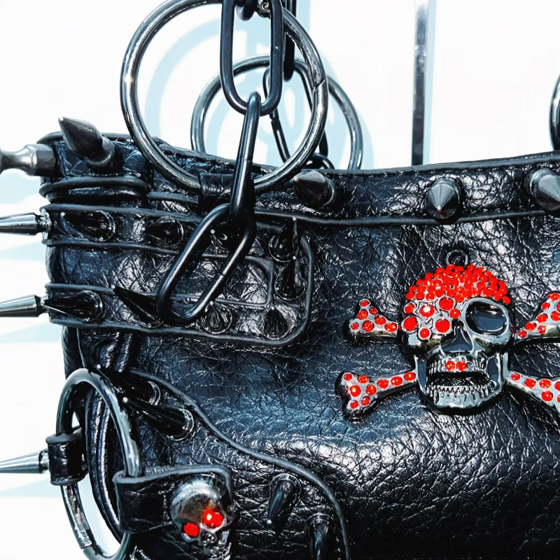 Metal chain o ring skull applique PU leather handbag  | Festival Outfits Women