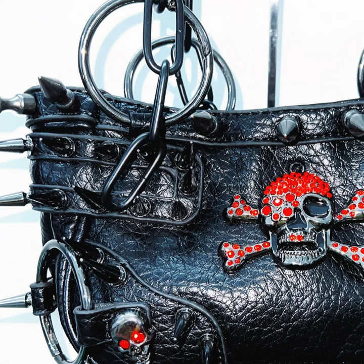 Metal chain o ring skull applique PU leather handbag  | Festival Outfits Women