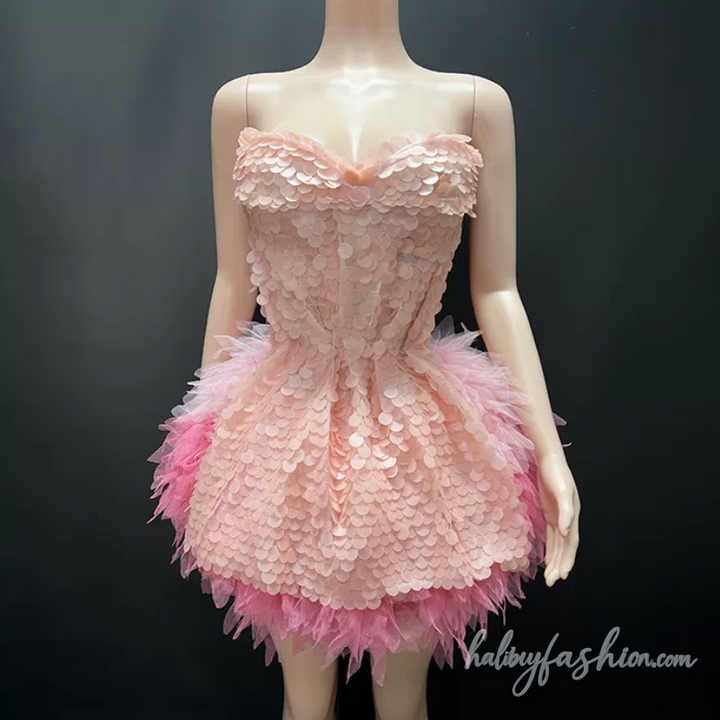 Glitter sweetheart neck mesh ruched self tie mini dress