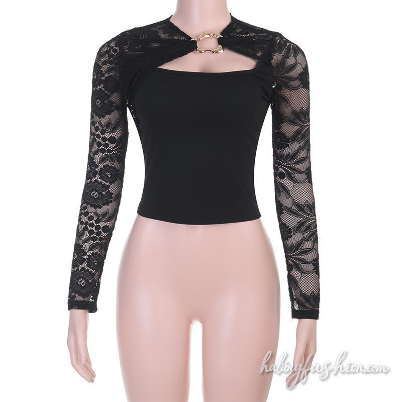 Long sleeve lace hollow out solid top