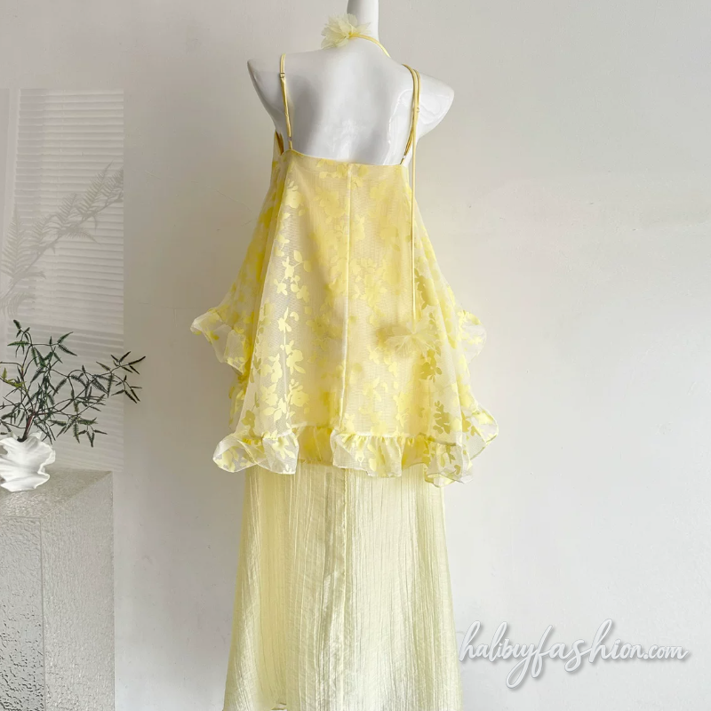 Ruffle mesh u neck backless cami maxi dress