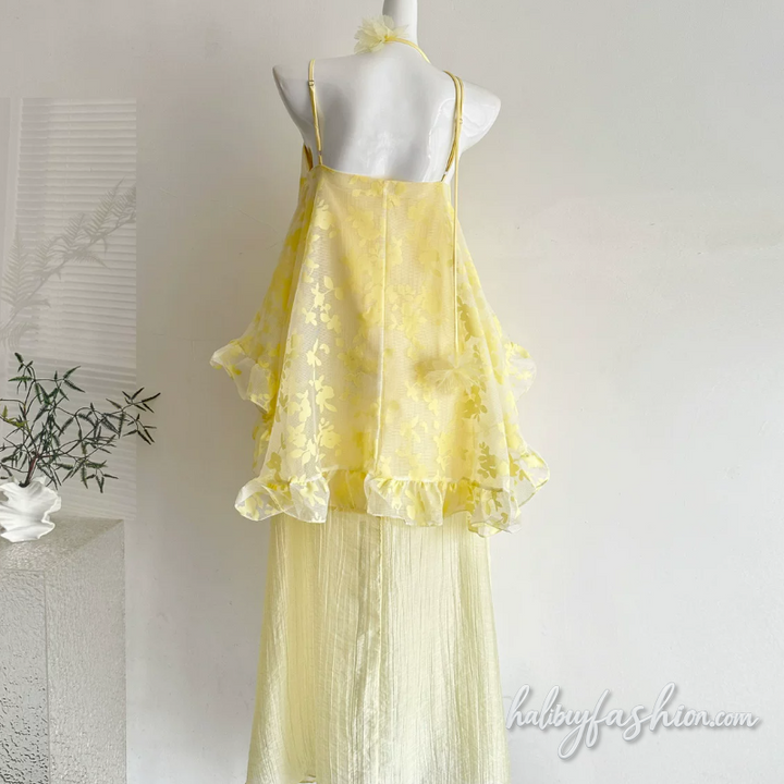 Ruffle mesh u neck backless cami maxi dress