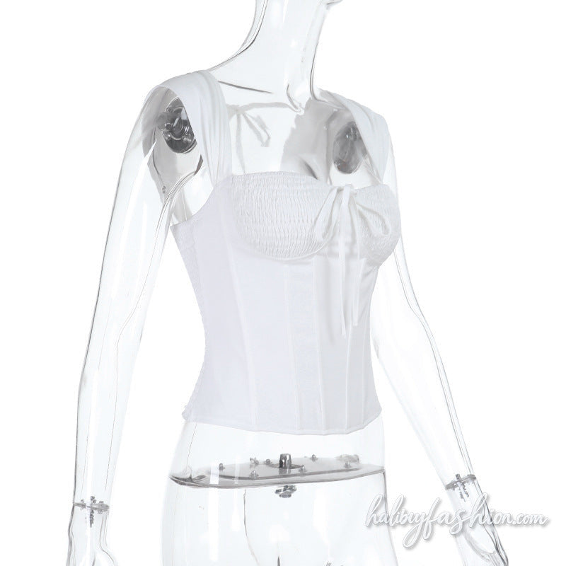 Self tie corset smocked backless solid top