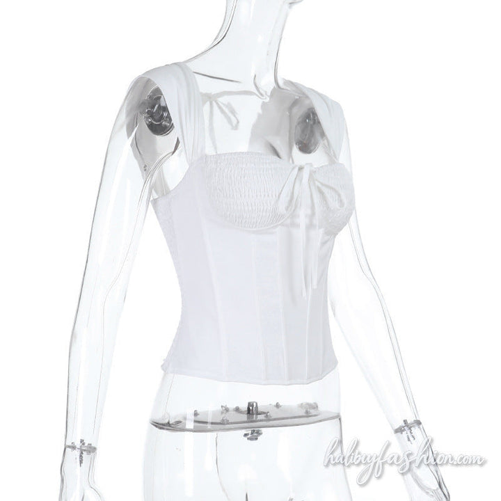 Self tie corset smocked backless solid top