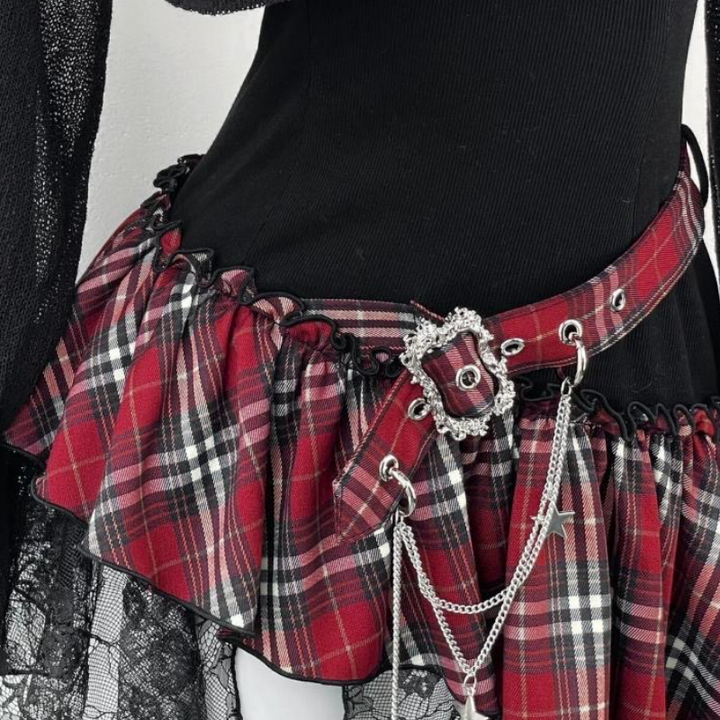 Long sleeve irregular plaid ruffle 2 piece mini dress  | Festival Outfits Women