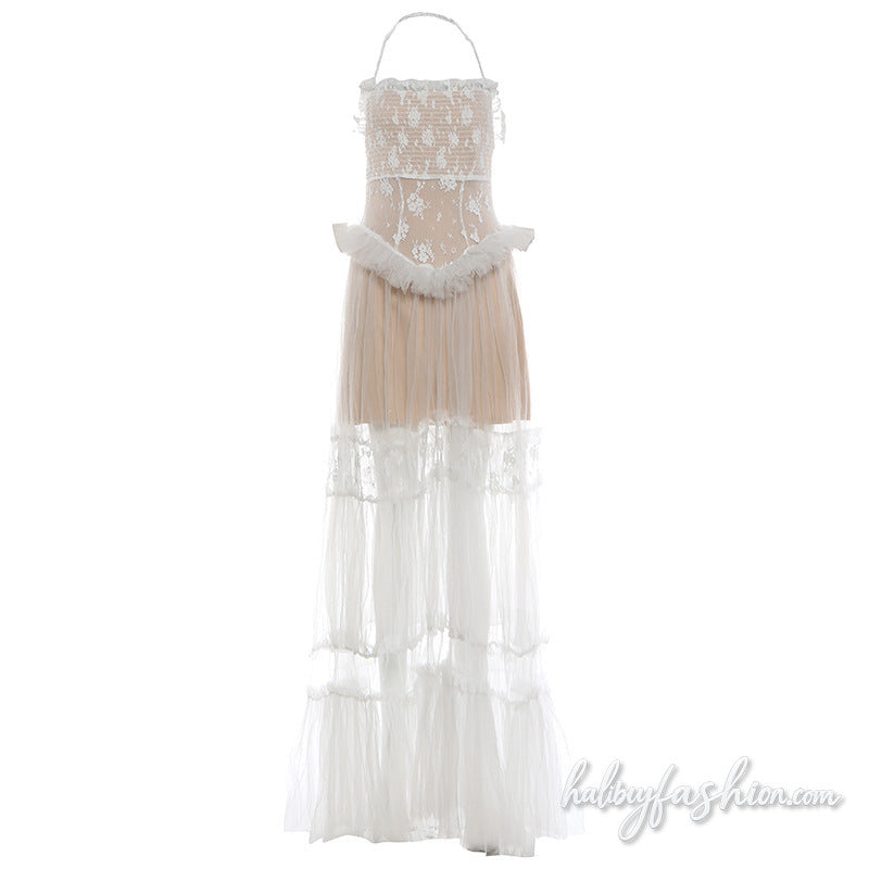 Mesh ruffle halter ruched backless maxi dress