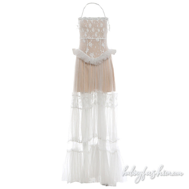 Mesh ruffle halter ruched backless maxi dress