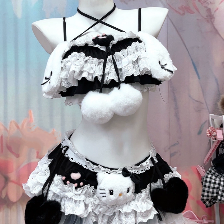 Lace hem " hello kitty " applique cami mini skirt set  | Festival Outfits Women-final-sale