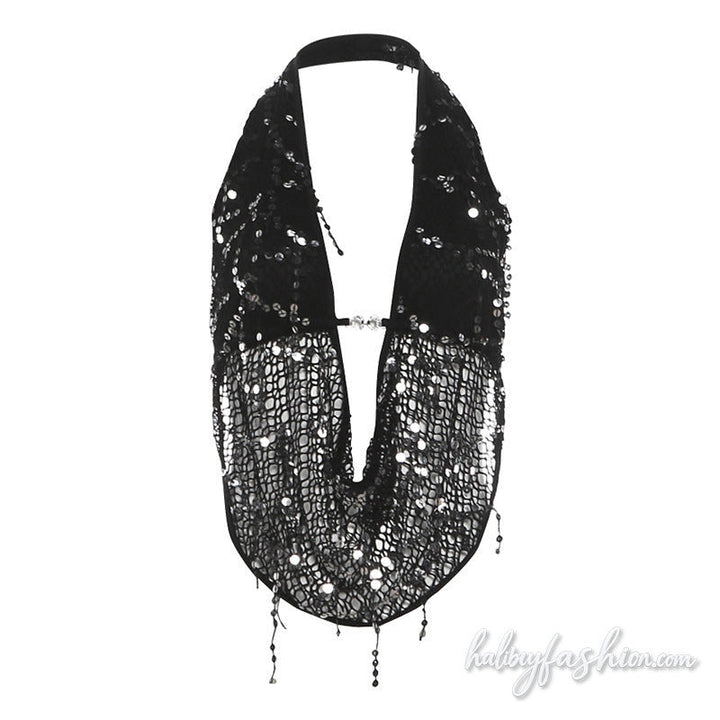 Halter self tie glitter hollow out backless top