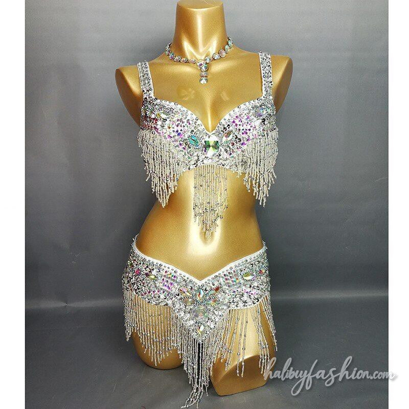 V neck beaded tassels crop mini skirt set