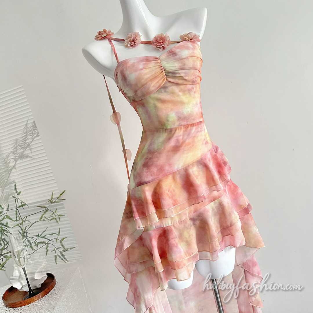 Irregular ruffle flower applique one shoulder midi dress - Halibuy - 4