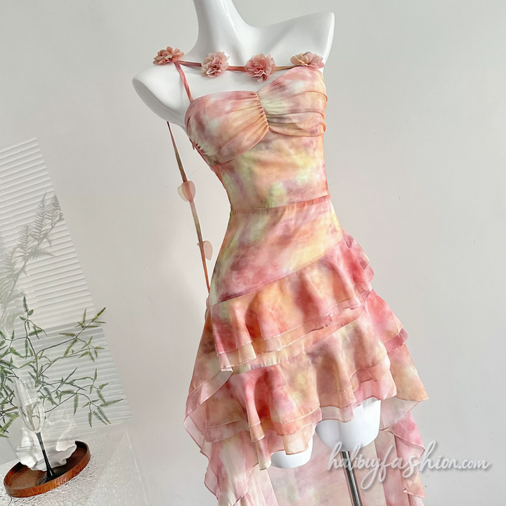 Irregular ruffle flower applique one shoulder midi dress - Halibuy - 4