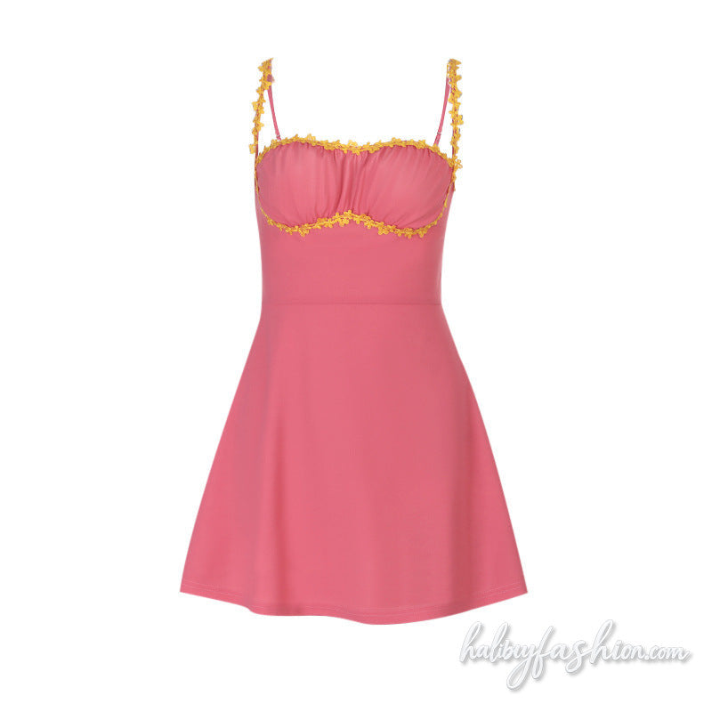 Ruched square neck zip-up cami mini dress