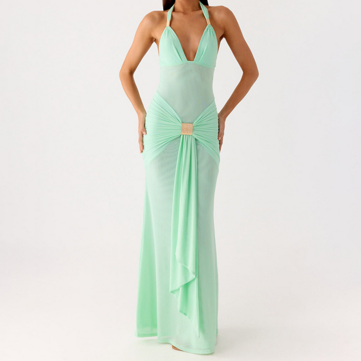 Halter self tie mesh ruched v neck maxi dress  | Festival Outfits Women