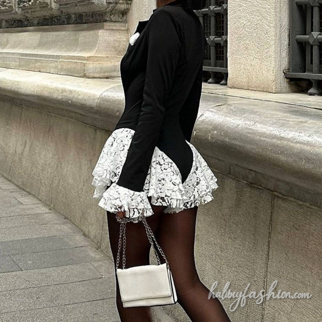 Long flared sleeve lace hem deep v neck romper