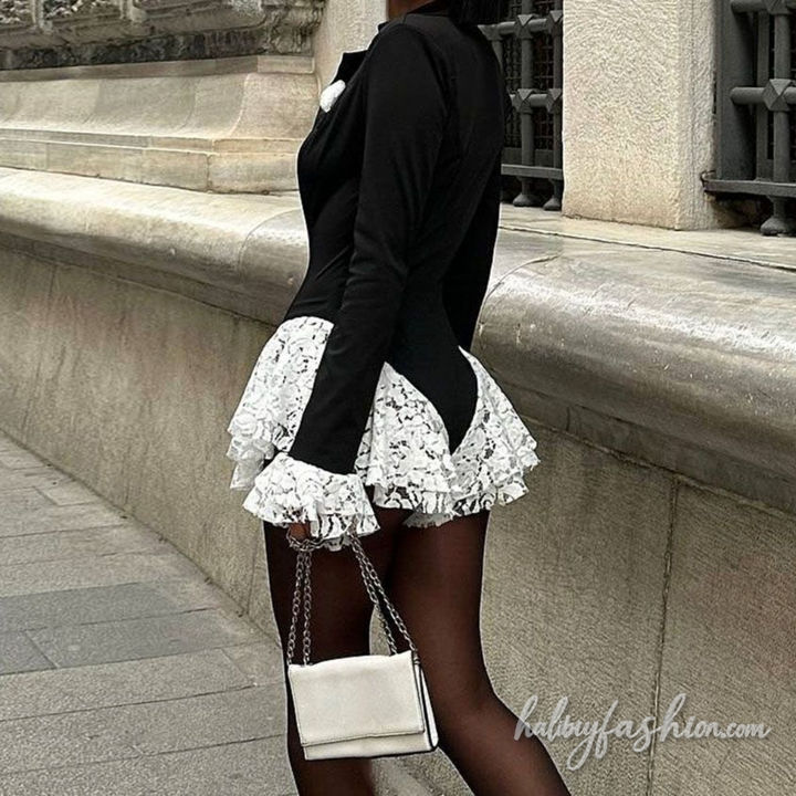 Long flared sleeve lace hem deep v neck romper
