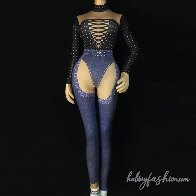 Hollow out long sleeve polka dot jumpsuit