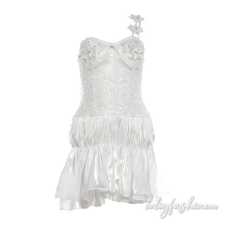 One shoulder lace ruched zip-up irregular mini dress