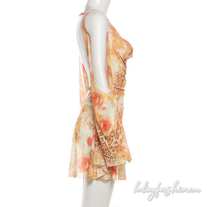 Cowl neck leopard print mesh hollow out mini dress