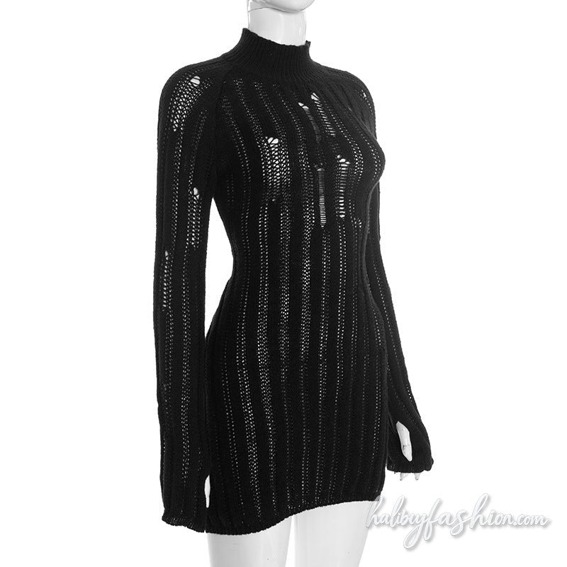 Long sleeve high neck hollow out solid mini dress