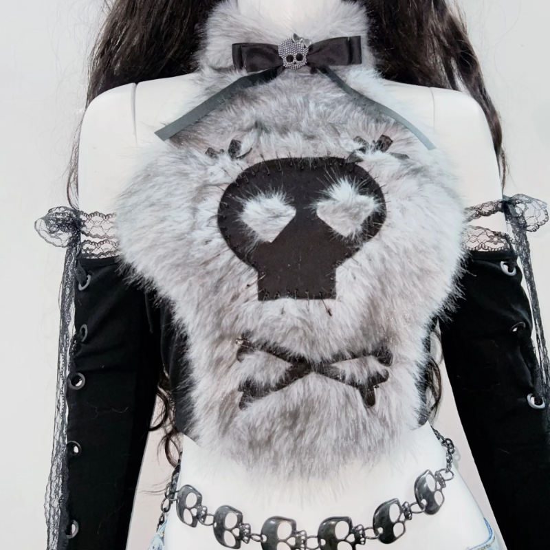 Fluffy bowknot long sleeve lace hem halter top