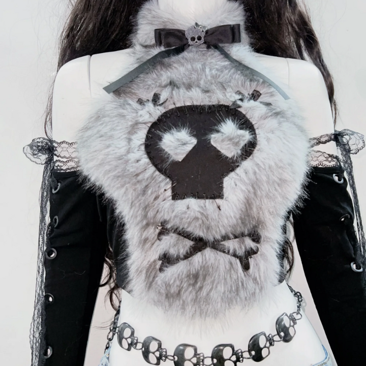 Fluffy bowknot long sleeve lace hem halter top