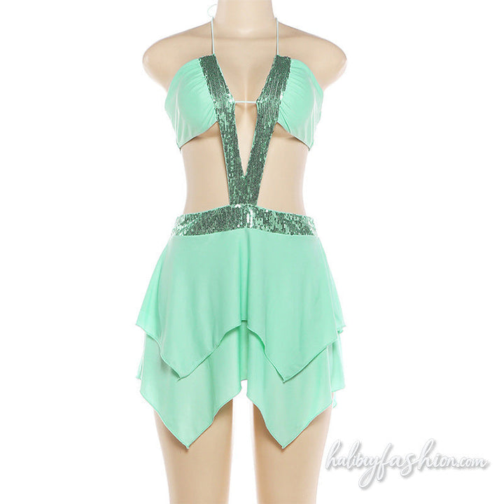 Glitter hollow out halter self tie mini dress
