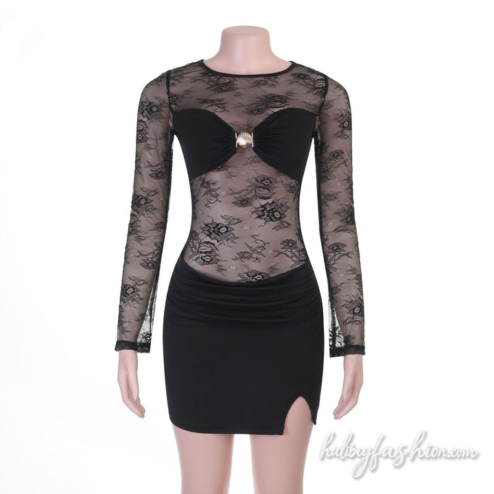 Lace long sleeve ruched slit crewneck mini dress - Halibuy - 3