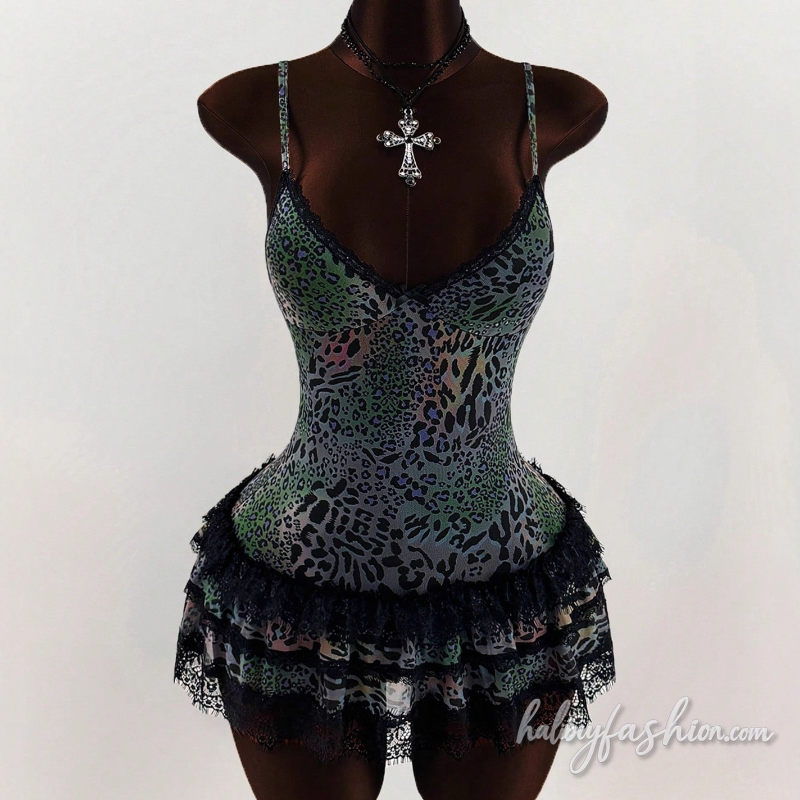 Leopard print lace hem v neck cami mini dress