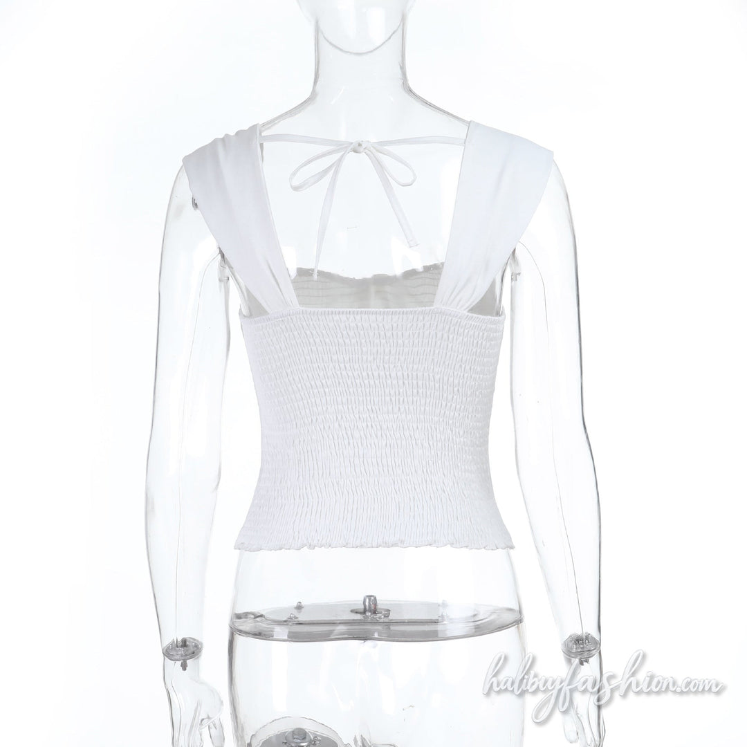 Self tie corset smocked backless solid top