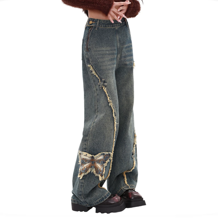 Raw hem butterfly pattern zip-up wide leg | Baggy Low Rise Jeans