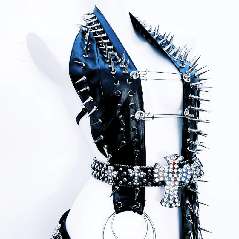 Irregular rivet applique o ring PU leather backless top  | Festival Outfits Women