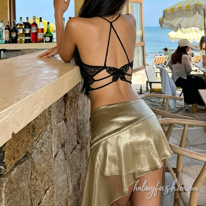 Cowl neck solid backless cami crop top