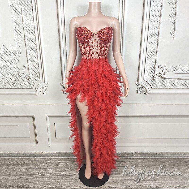 Feather slit beaded irregular backless maxi dress