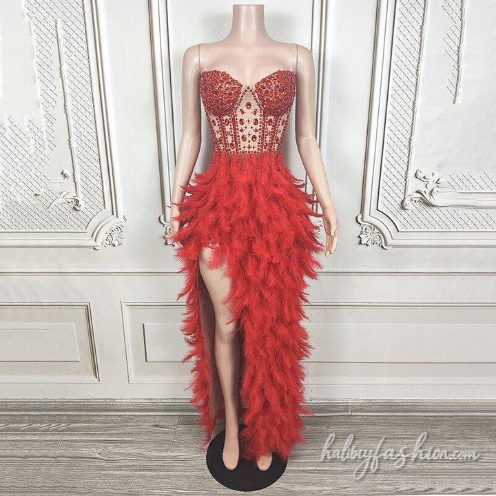 Feather slit beaded irregular backless maxi dress
