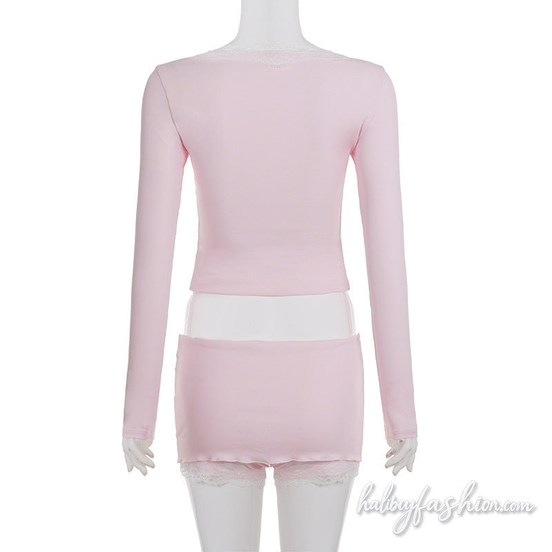 Long sleeve lace hem bowknot v neck mini skirt set