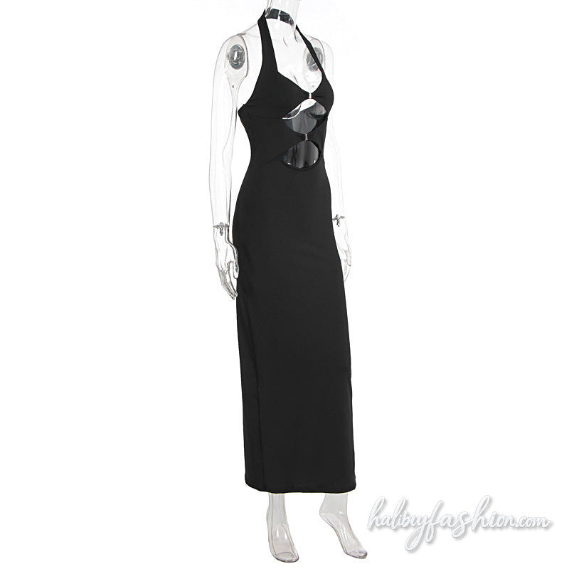 Halter hollow out slit v neck solid maxi dress - Halibuy - 4