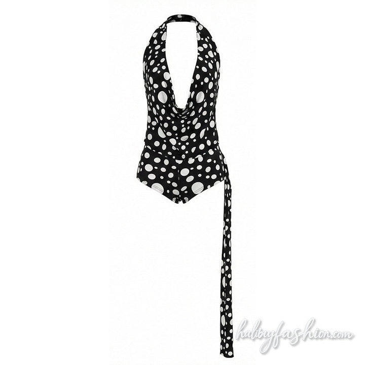 Halter self tie polka dot cowl neck pant set