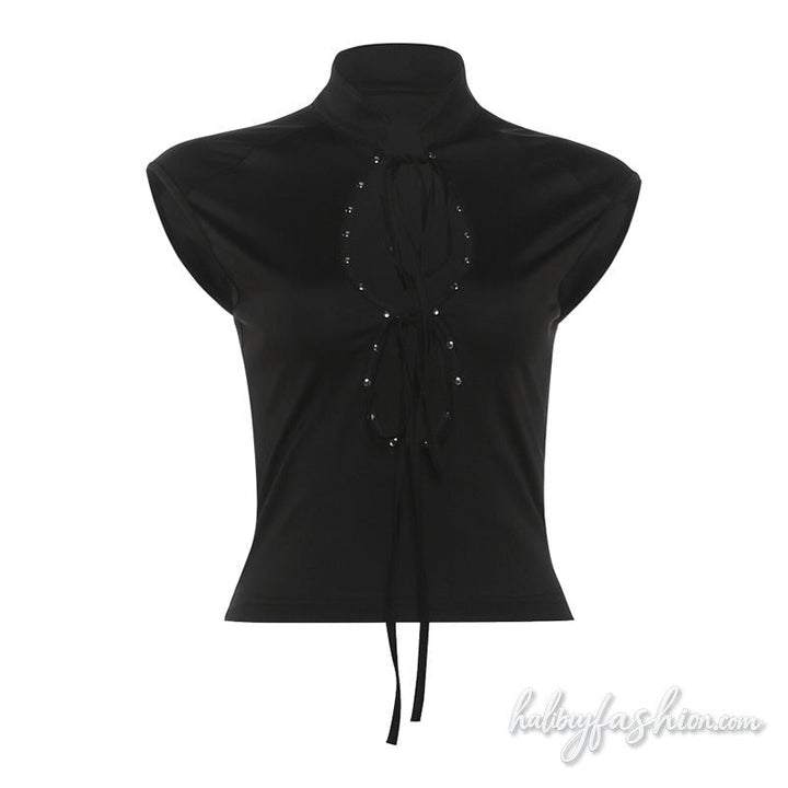 Self tie hollow out sleeveless solid top