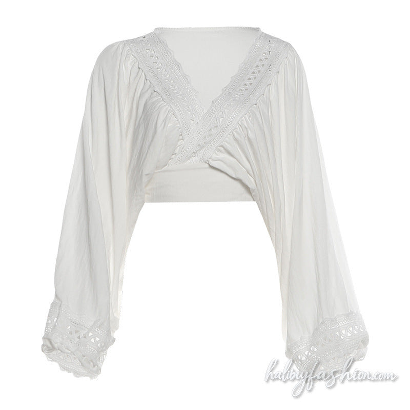 Long sleeve v neck ruched hollow out crop top