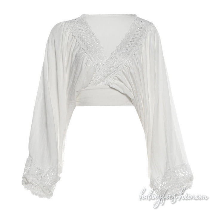 Long sleeve v neck ruched hollow out crop top